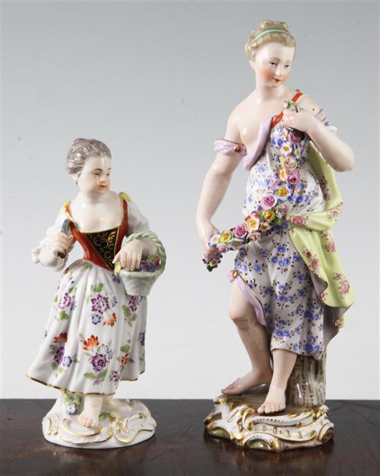 Two Meissen porcelain figures of a maiden emblematic of Summer and a grapepicker, late 19th / early 20th century, 20cm and 14.5cm